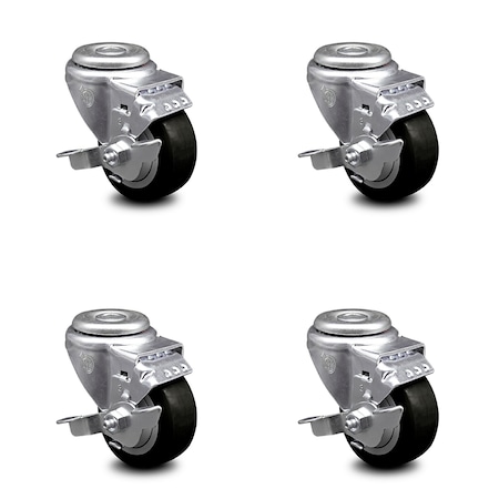 Service Caster 3.5 Inch Black Polyurethane Wheel Swivel Bolt Hole Caster Set with Brake SCC SCC-BH20S3514-PPUB-BLK-TLB-4